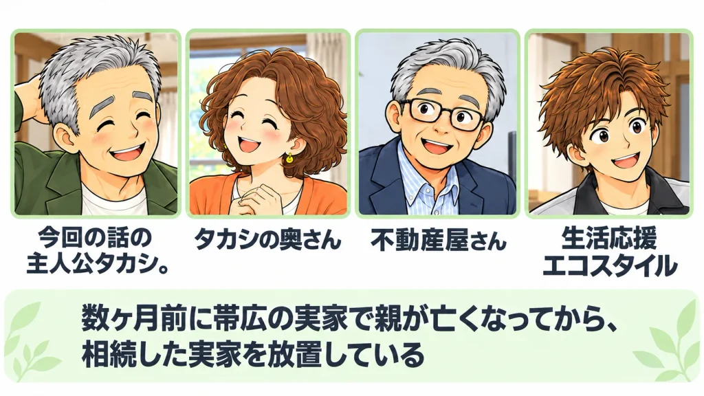 【登場人物紹介】数ヶ月前に帯広の実家で親が亡くなってから相続した実家を放置している主人公のタカシ/タカシの奥さん/不動産屋さん/生活応援エコスタイル担当者