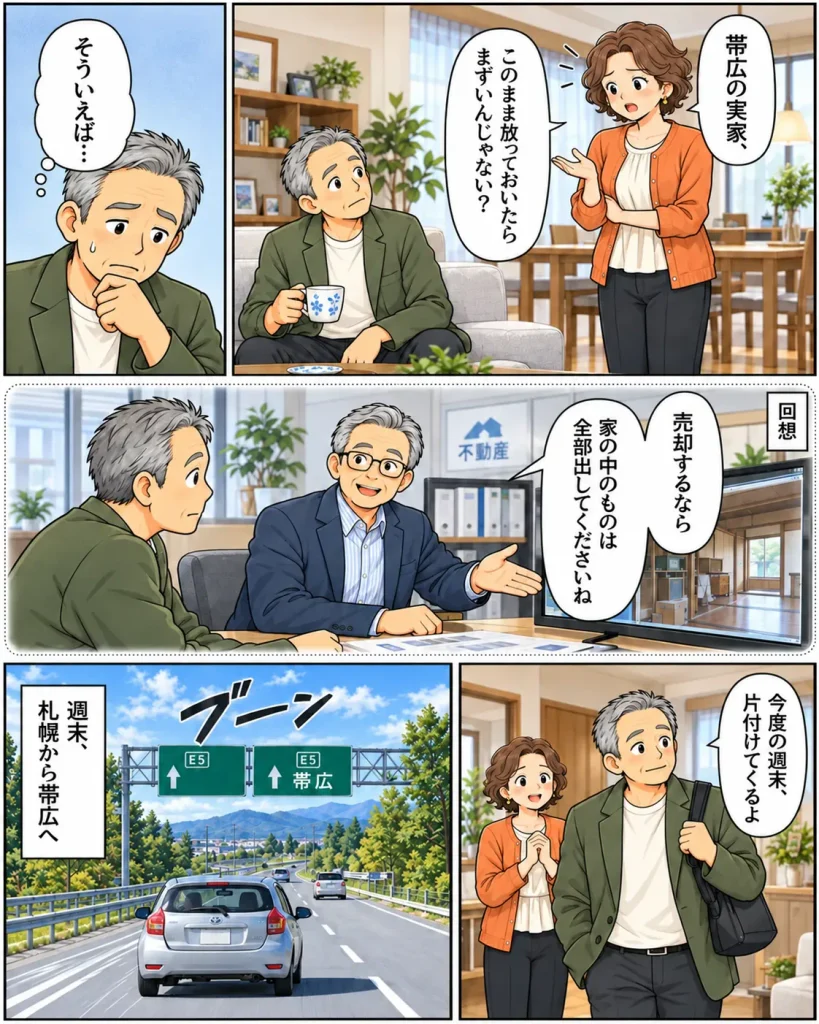 片付けマンガ内容:奥さんが「帯広の実家、このまま放っておいたらまずいんじゃない?」と問いかける。タカシがそういえば不動産屋さんに言われた言葉「売却するなら家の中のものは全部出してくださいね」を思い出した。タカシは重い腰を上げて「今度の週末片付けてくるよ」と奥さんに伝え高速で札幌から帯広へ向かった。