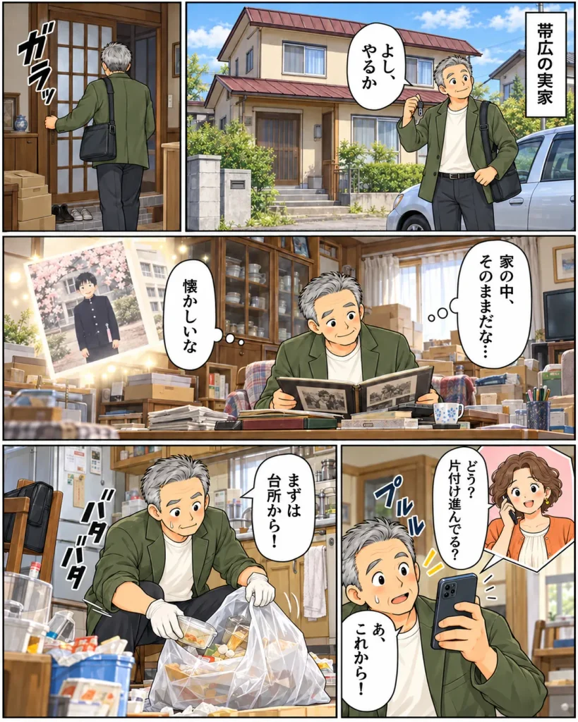 片付けマンガ内容:帯広の実家に到着したタカシは「よし、やるか」とはりきって実家じまいを始める。家の中のものはそのままになっており、懐かしくて昔のアルバムをひらいてしまうが奥さんからの電話で「片付け進んでる?」と言われてちょっと焦る。まずは台所から片付け始めるタカシであった。
