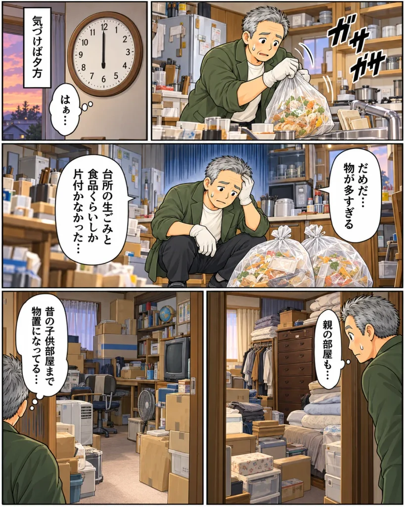 片付けマンガ内容:気づけば夕方になったところ。タカシは物の量の多さに気づいて落胆する。「だめだ、ものが多すぎる。台所の生ゴミと食品くらいしか片付かなかった…」タカシは親の部屋・昔の子ども部屋を交互に見て、まだまだものがお多いことを実感する。「親の部屋も、子ども部屋まで物置になってる・・・」
