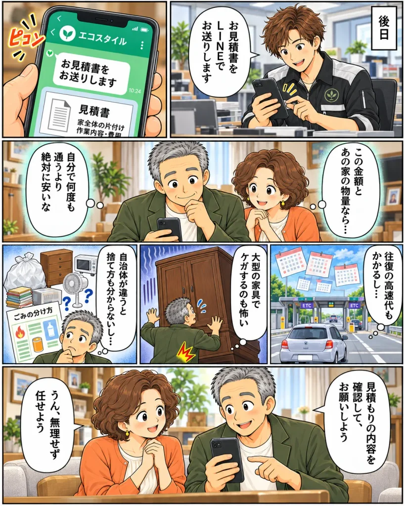片付けマンガ内容:後日エコスタイルから見積書がLINEで届いたタカシと奥さん「この金額とあの家の物量なら、自分で何度も通うより絶対に安いな」と話す。往復の高速代もかかるし、大型の家具でケガするのも怖い。自治体が違うので捨て方もわからないし、と思い悩み「見積もりの内容を確認してお願いしよう」と結論する